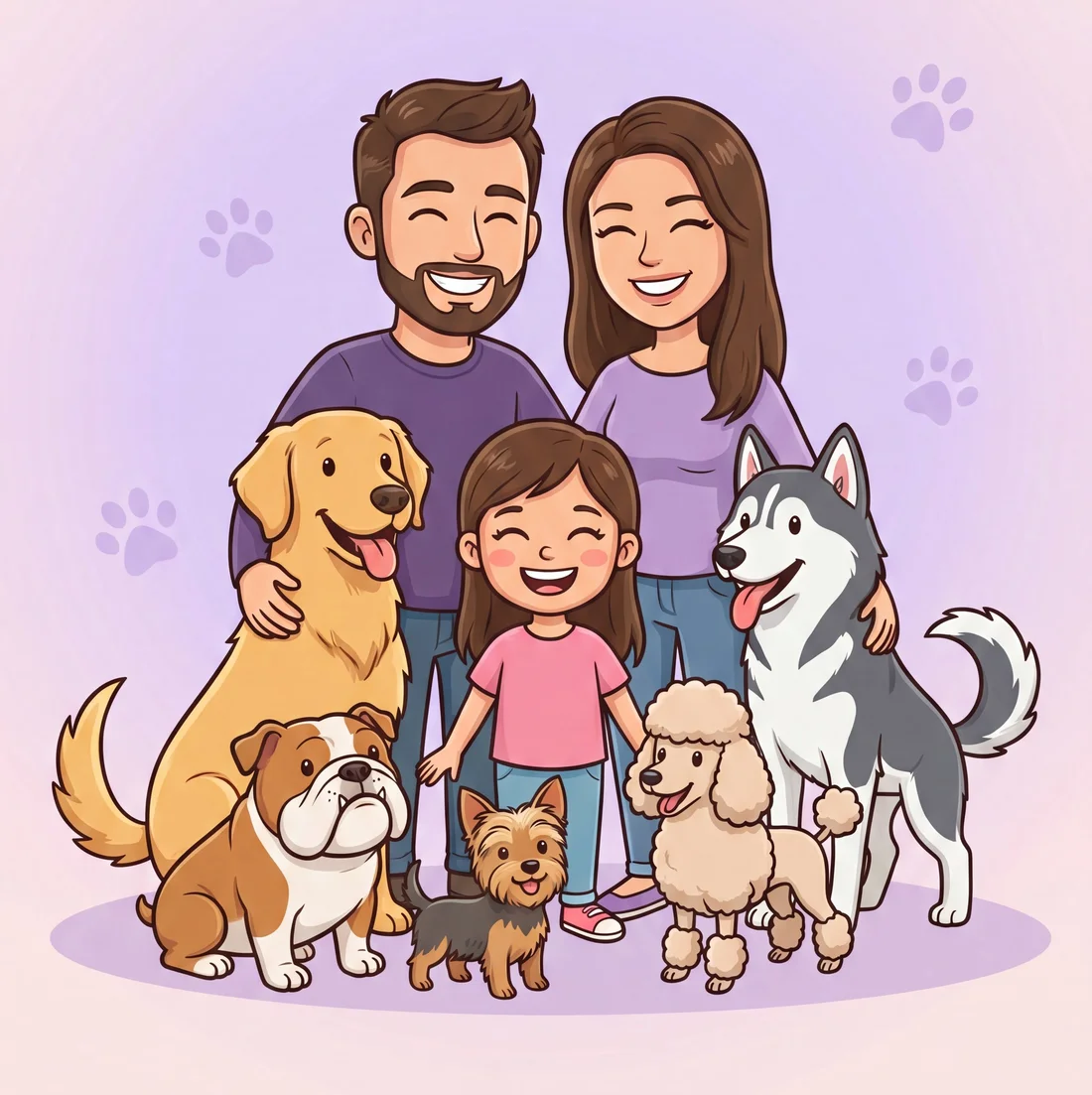 Illustration of the Shiny Paws family with six happy dogs