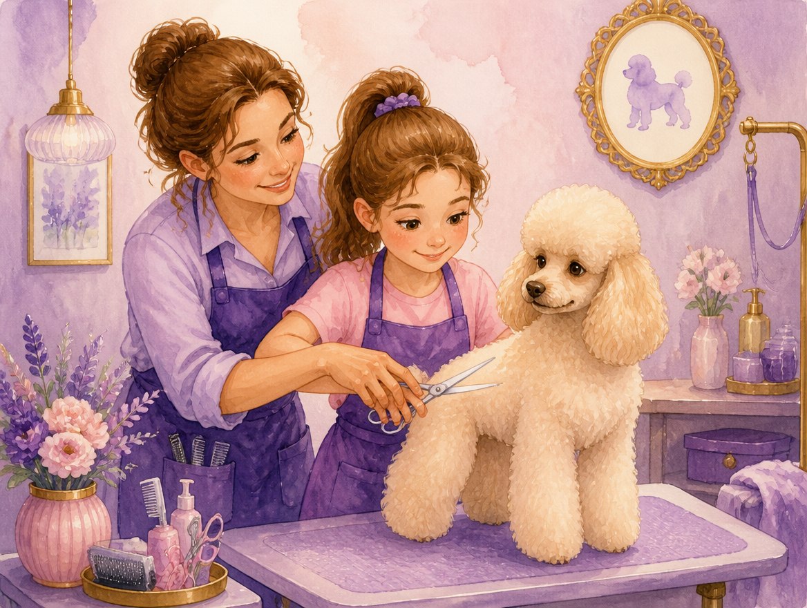 An instructor teaching hand-scissor technique on a poodle