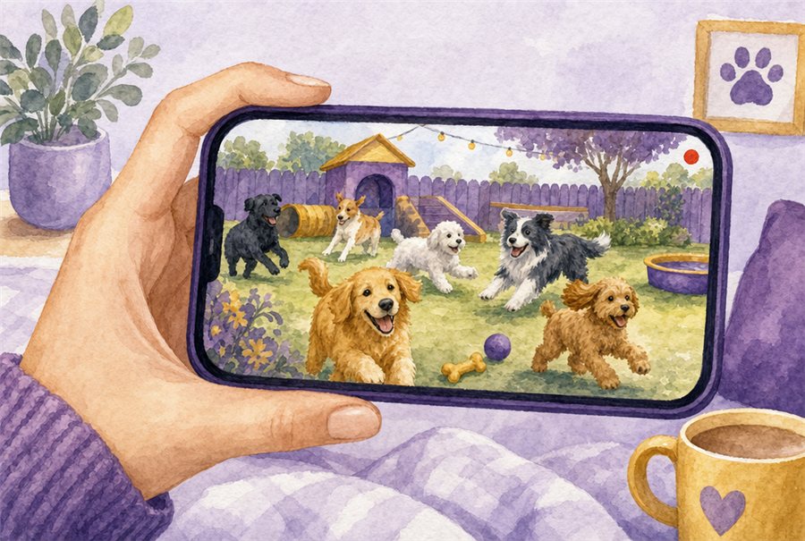Watching happy dogs play on a phone's live camera view